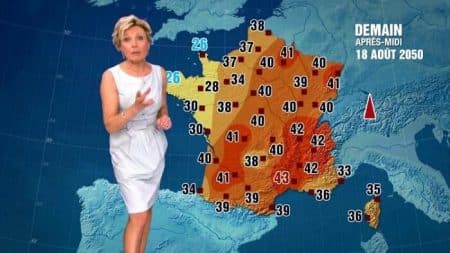 Effrayant: Evelyne Dhéliat présente la météo du 18 août 2050 Bulletin météo, août 2050, Evelyne Dhéliat