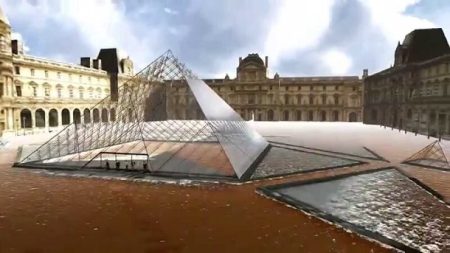 Simulation en 3D d'une inondation de la Seine sur la pyramide du Louvre