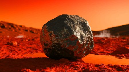 Illustration de la météorite "Black Beauty" révélant la présence d'eau chaude sur Mars il y a des milliards d'années (création par IA, illustration non réaliste). Crédit : Ideogram.