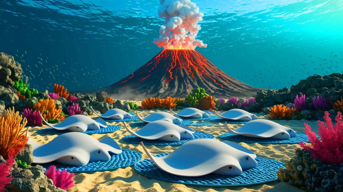 Des chercheurs stupéfaits trouvent des milliers d’œufs géants encore vivants cachés dans les vestiges d’un ancien volcan sous-marin oublié Illustration de raies blanches du Pacifique pondant des œufs géants au sommet d'un volcan sous-marin actif (création par IA, illustration non réaliste). Crédit : Ideogram.