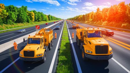 Illustration de l'entretien routier en Ontario par le groupe Colas (création par IA, illustration non réaliste). Crédit : Ideogram.