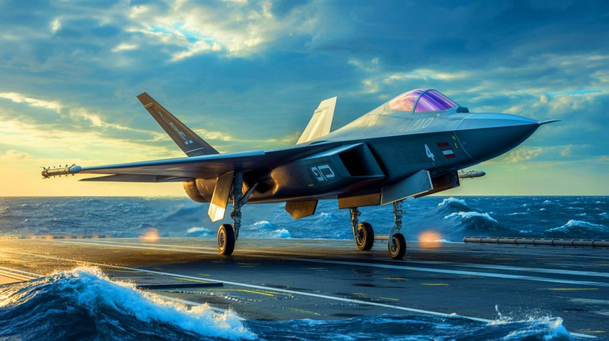 Illustration de l'avion de chasse furtif J-36 atterrissant sur un porte-avions en mer agitée. Image réalisée par IA.