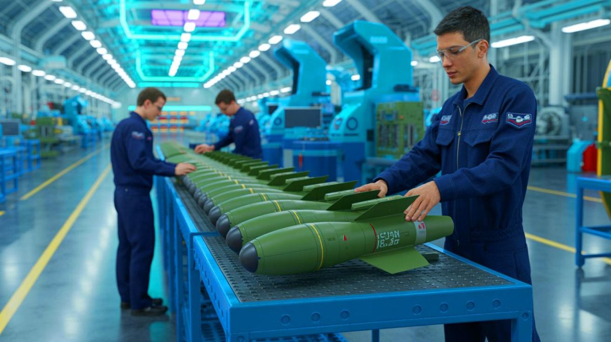 Illustration de la production de kits de guidage pour bombes AASM par Safran à Montluçon (création par IA, illustration non réaliste). Crédit : Ideogram.