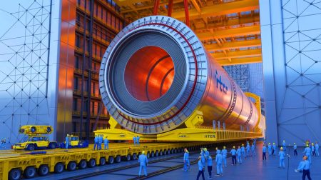 Un géant de 18 mètres arrive en France : cet aimant colossal est vital pour le réacteur ITER Illustration de l'aimant supraconducteur monumental destiné au projet ITER. Image réalisée par IA.