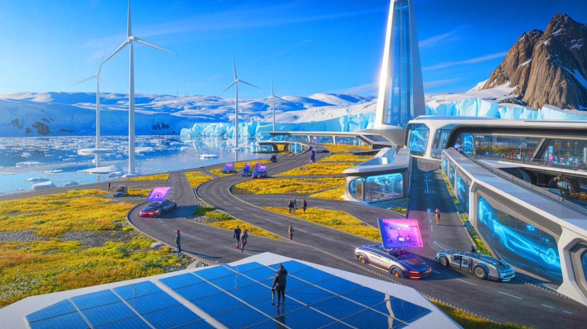 Des milliardaires préparent un projet délirant : une mégaville ultratechnologique cachée dans les glaces du Groenland Illustration de la vision d'une ville techno-utopique sur les rives glacées du Groenland. Image réalisée par IA.