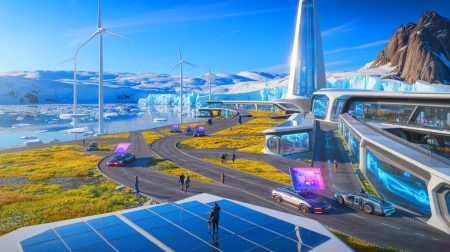 Illustration de la vision d'une ville techno-utopique sur les rives glacées du Groenland. Image réalisée par IA.