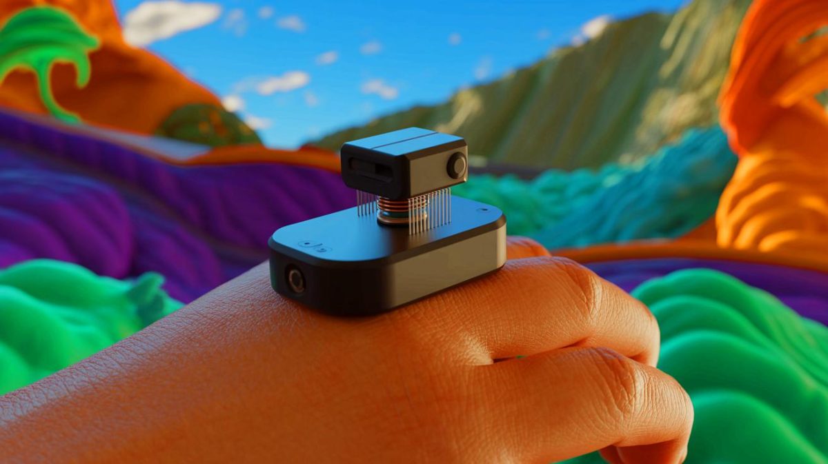 Illustration de l'expérience tactile immersive en réalité virtuelle grâce à un dispositif haptique (création par IA, non réaliste). Crédit : Ideogram