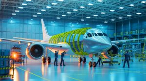 Illustration de l'adoption des thermoplastiques par Airbus et Boeing pour des avions plus légers et écologiques. Image réalisée par IA.