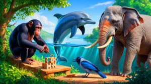 Illustration de l'intelligence animale à travers des espèces variées et leurs capacités cognitives uniques (création par IA, non réaliste). Crédit : Ideogram