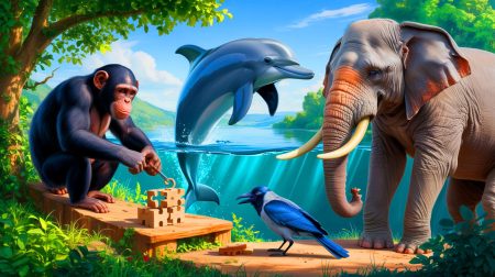 Illustration de l'intelligence animale à travers des espèces variées et leurs capacités cognitives uniques (création par IA, non réaliste). Crédit : Ideogram