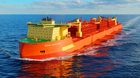 Illustration de BOKA Vanguard, navire colossale de 275 mètres capable de transporter 110 000 tonnes (création par IA, non réaliste). Crédit : Ideogram