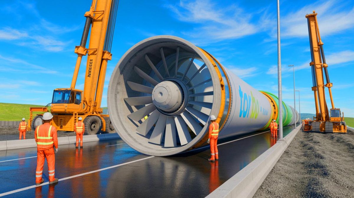 Illustration de l'utilisation des pales d'éoliennes recyclées dans la construction de routes durables. Image réalisée par IA.