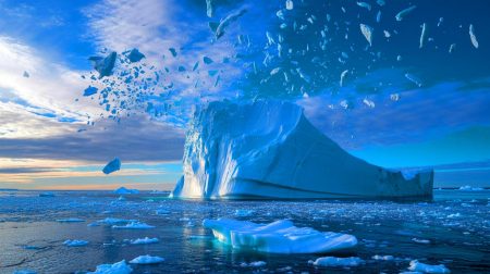 Illustration de la désintégration de l'iceberg A-23A au large de la Géorgie du Sud. Image réalisée par IA.