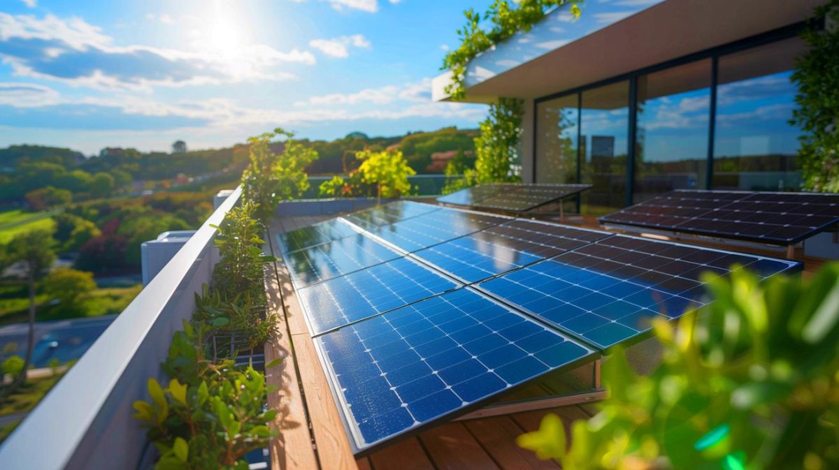 Illustration de l'installation de panneaux solaires sur un balcon pour une autonomie énergétique (création par IA, non réaliste). Crédit : Ideogram