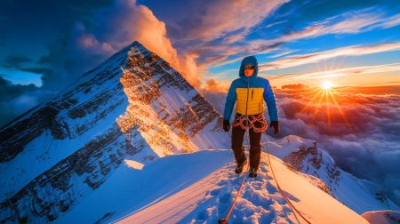 « Gravir l’Everest coûte une fortune » : découvrez le prix ahurissant à débourser pour atteindre le sommet mythique de l’Himalaya et défier les limites humaines Illustration de l’ascension de l’Everest et des défis financiers associés (création par IA, illustration non réaliste). Crédit : Ideogram.