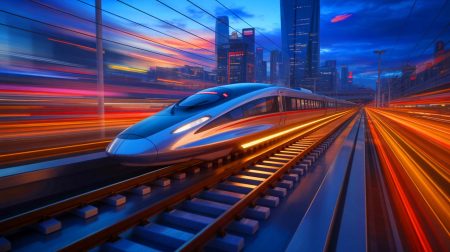 Illustration de la vitesse impressionnante du T-Flight, train à lévitation magnétique en Chine. Image réalisée par IA.