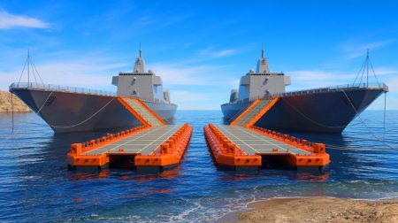 Illustration de barges Shuiqiao chinoises conçues pour un débarquement amphibie. Image réalisée par IA.