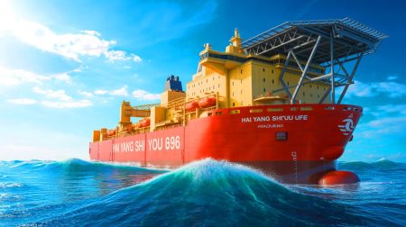 La Chine frappe fort : découvrez ce navire colossal dédié à la fracturation hydraulique offshore qui pulvérise tous les records mondiaux en mer Illustration du navire Hai Yang Shi You 696, le plus grand navire de fracturation hydraulique offshore au monde (création par IA, non réaliste). Crédit : Ideogram