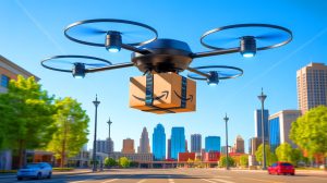 Illustration de l'expansion du service de livraison par drones d'Amazon à Kansas City. Image réalisée par IA.