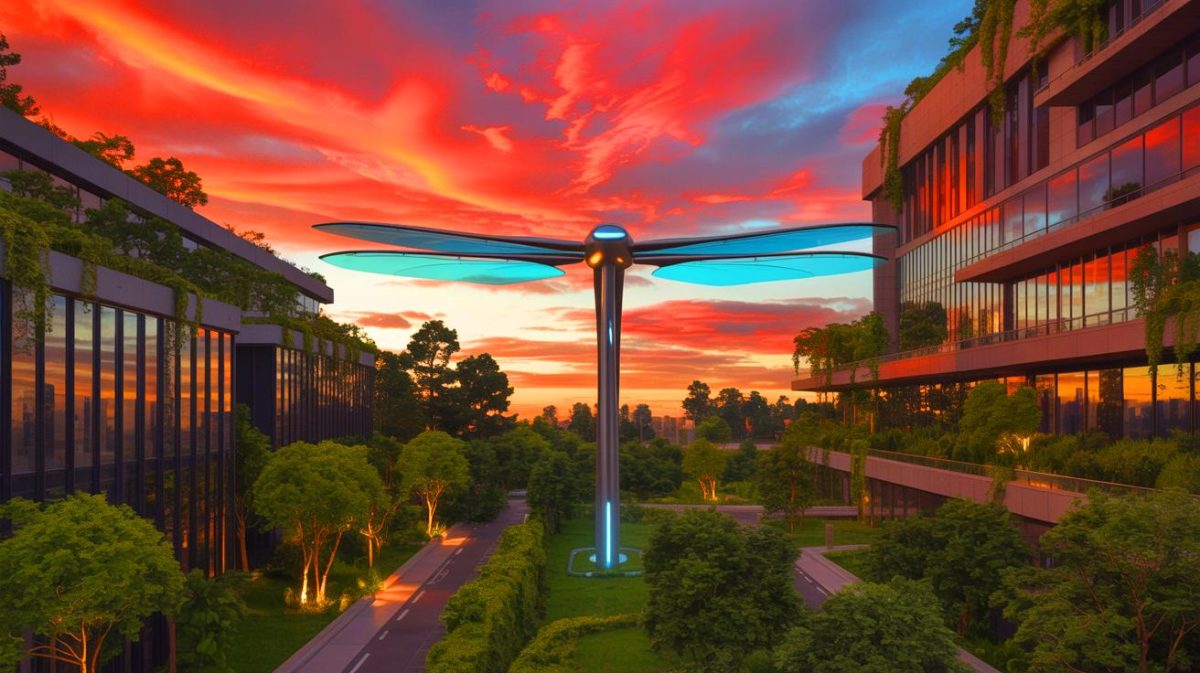 La fin des éoliennes : cette incroyable invention en forme de libellule promet 20 ans d’énergie gratuite pour tous Illustration de la Dragonfly Turbine intégrée dans un paysage urbain (création par IA, non réaliste). Crédit : Ideogram