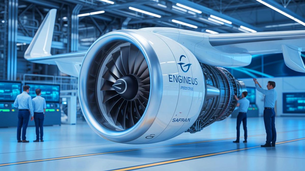 La France enflamme le ciel : ce moteur électrique certifié ENGInEUS redéfinit l’aviation mondiale avec une innovation audacieuse et captivante Illustration de la certification du moteur électrique ENGINeUS 100 par Safran dans l'aviation. Image réalisée par IA.
