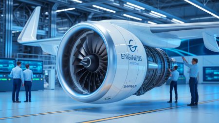 Illustration de la certification du moteur électrique ENGINeUS 100 par Safran dans l'aviation. Image réalisée par IA.