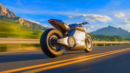Illustration de la moto électrique sans moyeu Verge TS Pro lors de son voyage de 1 366 kilomètres entre Monaco et Madrid (création par IA, non réaliste). Crédit : Ideogram