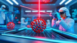 Illustration de l'utilisation de lasers pour désactiver les virus. Image réalisée par IA.