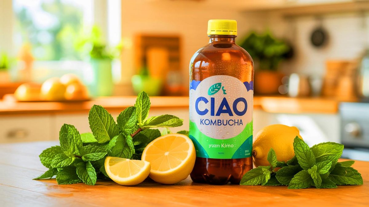 La science valide l’incroyable Ciao Kombucha de Squeezie : cette boisson pourrait détrôner le Coca-Cola selon les experts Illustration de la nouvelle boisson « Ciao Kombucha » de Squeezie, mettant en avant ses bienfaits pour la santé (création par IA, non réaliste). Crédit : Ideogram