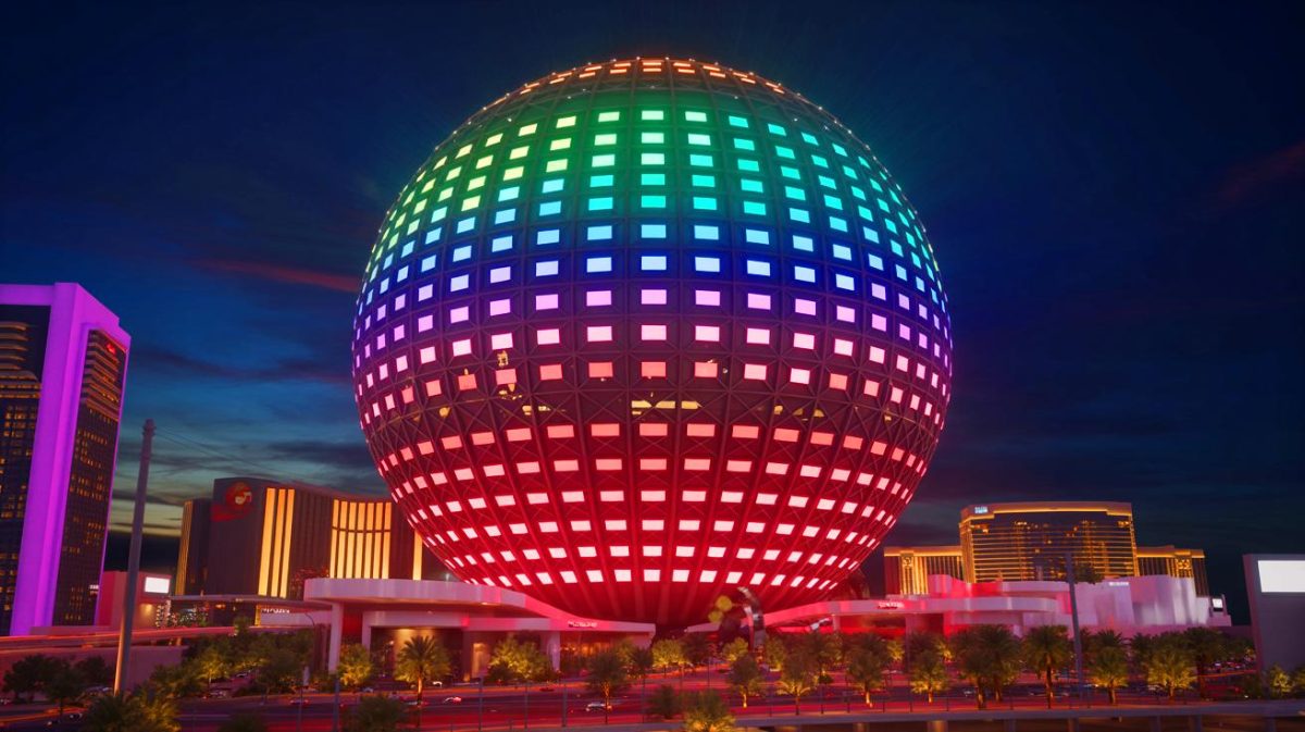 Illustration de la structure monumentale Las Vegas Sphere avec ses technologies immersives avancées (création par IA, non réaliste). Crédit : Ideogram