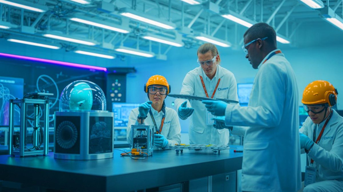 Illustration de la collaboration entre Airbus, Oxford Ionics et Quanscient sur le calcul quantique en aéronautique. Image réalisée par IA.