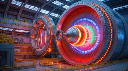 Illustration de l'achèvement du solénoïde central du projet ITER, cœur magnétique du réacteur de fusion (création par IA, non réaliste). Crédit : Ideogram