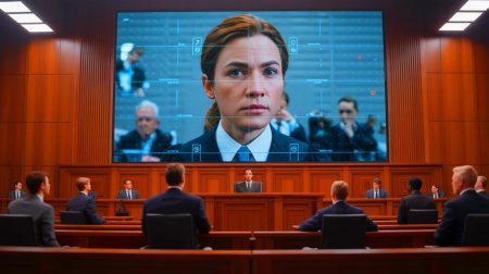 Illustration de l'utilisation d'un deepfake par intelligence artificielle dans un tribunal. Image réalisée par IA.
