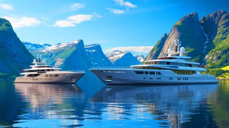 Illustration de l'aventure de luxe de Mark Zuckerberg dans les fjords norvégiens avec ses superyachts (création par IA, non réaliste). Crédit : Ideogram