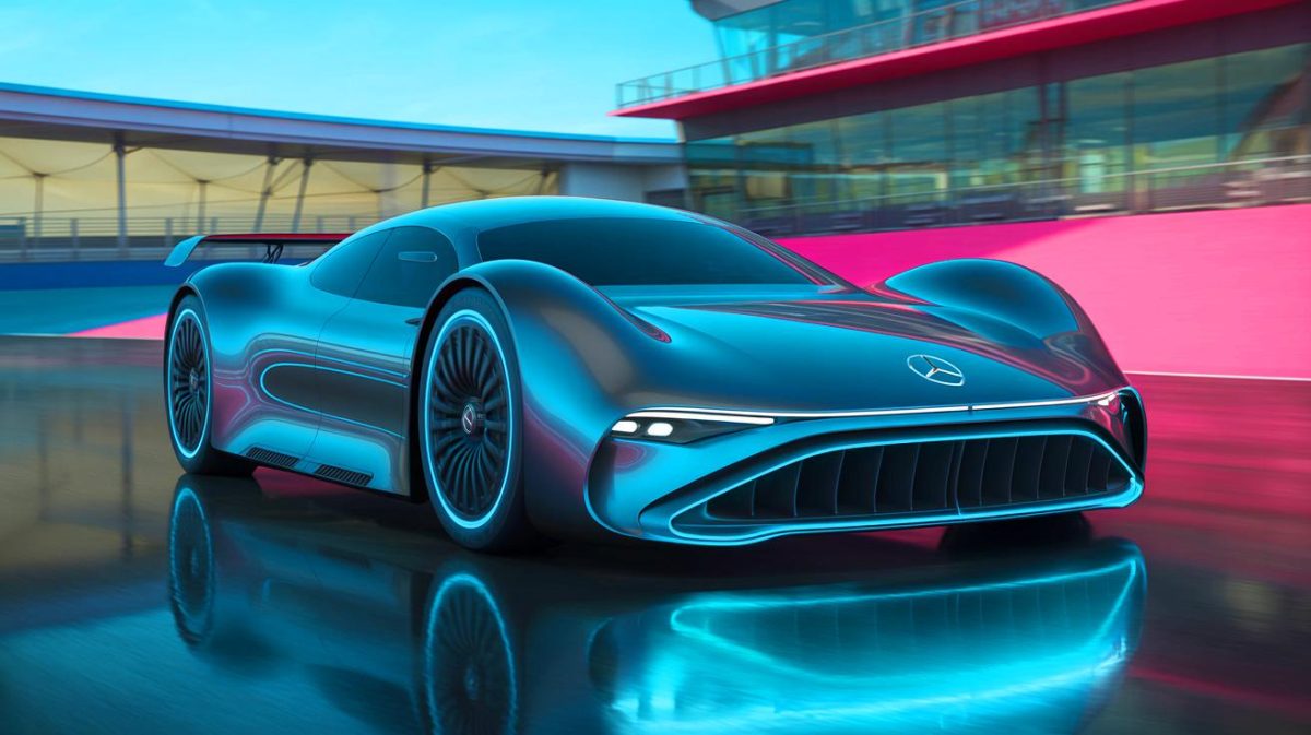 Illustration de la nouvelle voiture électrique Mercedes-AMG de 2 000 chevaux (création par IA, non réaliste). Crédit : Ideogram
