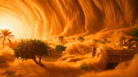 Illustration de la tempête de sable en Arabie Saoudite plongeant Al Qassim dans l'obscurité (création par IA, non réaliste). Crédit : Ideogram