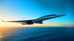 Illustration de l'avion supersonique C949 de Comac en vol, illustrant ses innovations technologiques (création par IA, non réaliste). Crédit : Ideogram