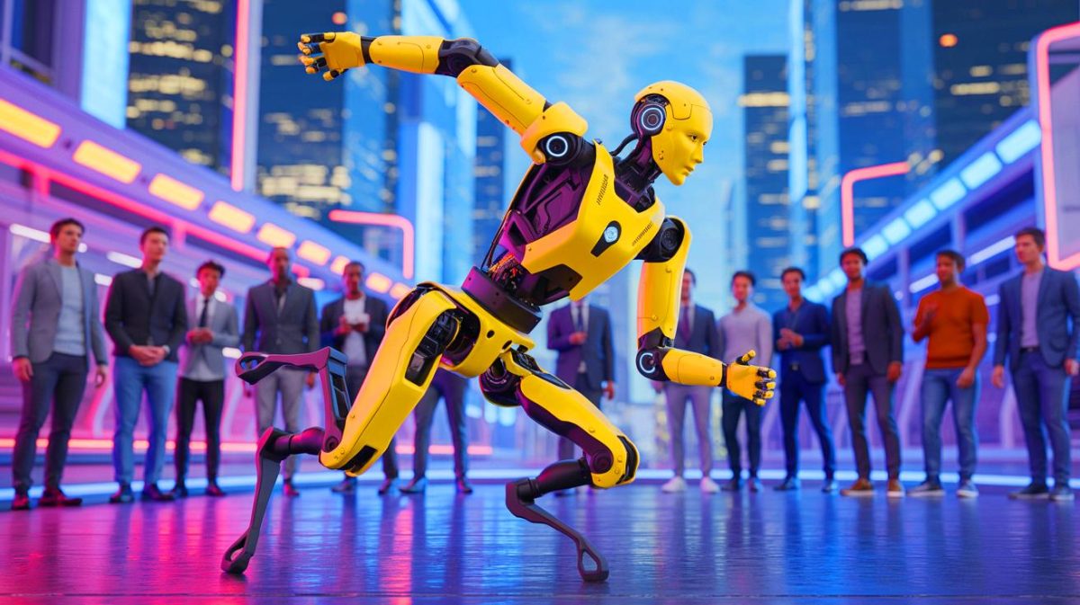 Illustration de robots humanoïdes exécutant des mouvements acrobatiques avancés (création par IA, non réaliste). Crédit : Ideogram