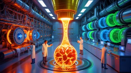 Illustration de la transformation alchimique du plomb en or au CERN. Image réalisée par IA.