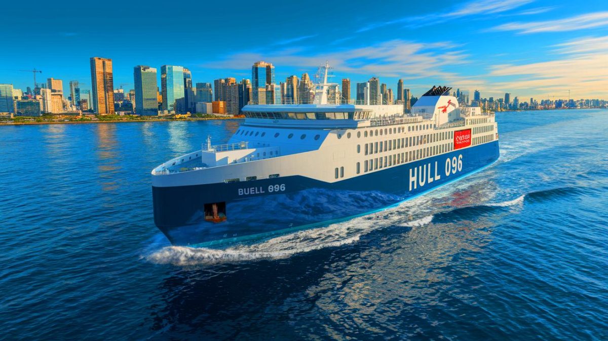 « Il fait 130 mètres et ne brûle aucune goutte de fuel » : ce navire électrique géant redéfinit l’avenir du transport maritime mondial Illustration de Hull 096, le plus grand navire électrique au monde, naviguant entre Buenos Aires et l'Uruguay (création par IA, illustration non réaliste). Crédit : Ideogram.