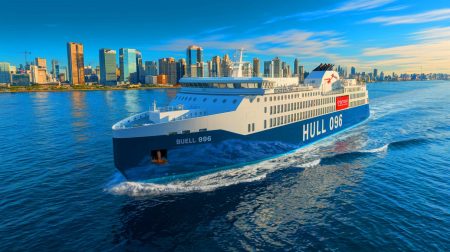 Illustration de Hull 096, le plus grand navire électrique au monde, naviguant entre Buenos Aires et l'Uruguay (création par IA, illustration non réaliste). Crédit : Ideogram.