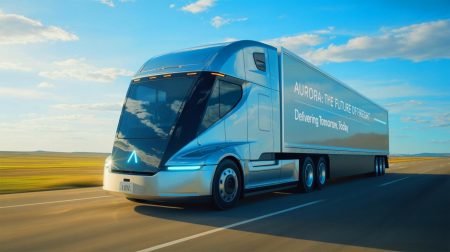 Illustration de camions autonomes d'Aurora sur les routes entre Dallas et Houston (création par IA, illustration non réaliste). Crédit : Ideogram.