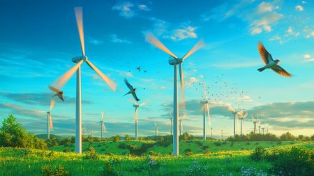 Illustration de l'impact des éoliennes sur les populations d'oiseaux. Image réalisée par IA.