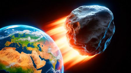 Illustration de l'astéroïde 2024 YR4 menaçant la Terre (création par IA, non réaliste). Crédit : Ideogram