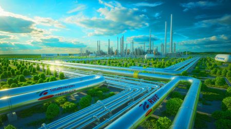 Illustration de l'introduction de l'hydrogène vert dans la raffinerie de Leuna par TotalEnergies et RWE. Image réalisée par IA.
