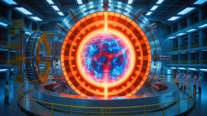 Illustration de l'électroaimant supraconducteur du projet ITER en action. Image réalisée par IA.