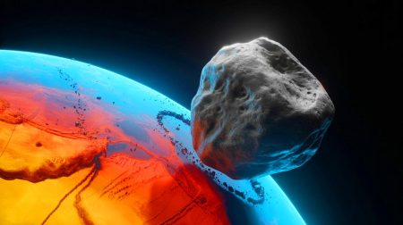 Illustration de l'astéroïde 2024 YR4 approchant de la Terre (création par IA, non réaliste). Crédit : Ideogram