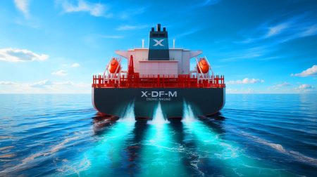 Illustration de la propulsion de navires par le moteur X-DF-M utilisant le méthanol. Image réalisée par IA.