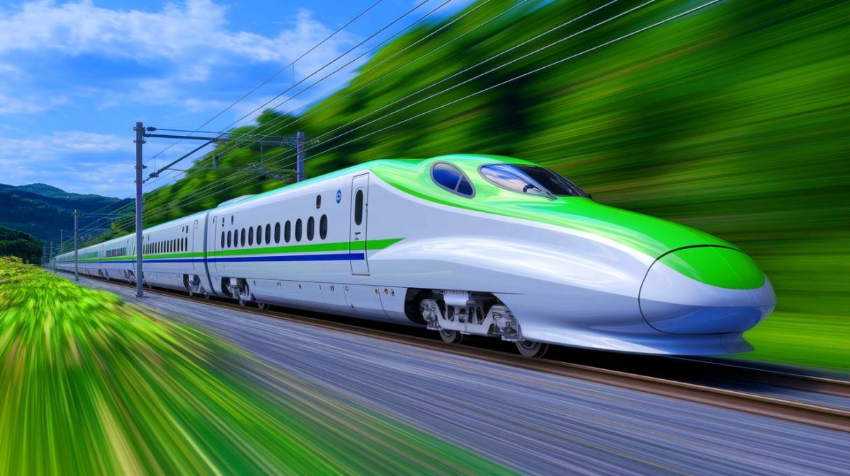 Illustration de l'E10 Tohoku Shinkansen, le nouveau train à grande vitesse japonais inspiré par la nature (création par IA, illustration non réaliste). Crédit : Ideogram.