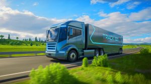 Illustration de camion "Track 1000" à hydrogène liquide parcourant 1 000 km sans recharge. Image réalisée par IA.